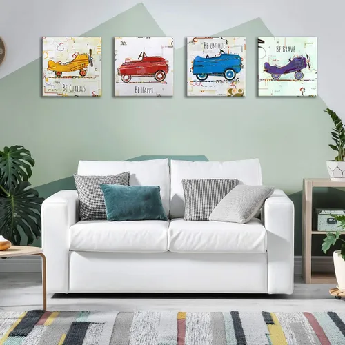 Miniatura 4 de Oreichar Art Arte de pared para niños, citas inspiradoras, lienzo impreso con dibujos animados, cuadro colorido de avión de automóvil