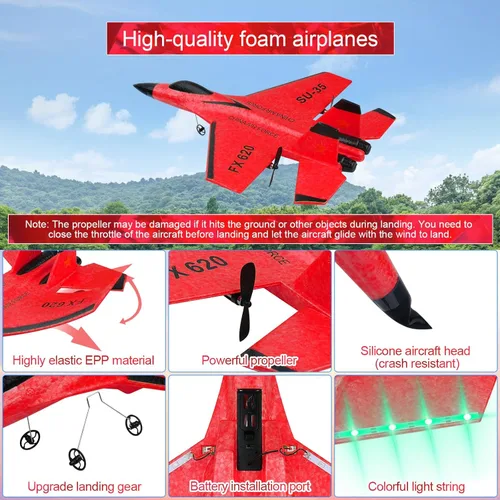 Miniatura 4 de Avión RC 2CH Avión RC 2.4GHz Avión de control remoto RTF SU35 RC Jet Fácil de volar FX620 Avión Juguetes RC Aviones RC para adultos, niños y Rojo