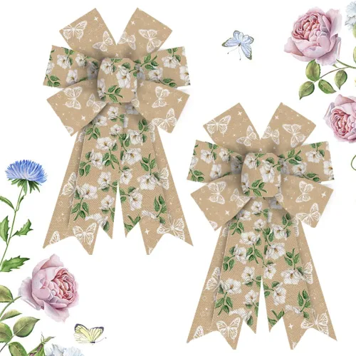Hying 2 lazos de flores de otoño para corona, corona de arpillera natural, lazo floral de mariposa para casa de campo, lazos para puerta delantera,