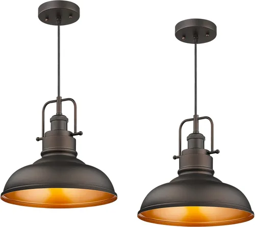 Emliviar YE262M1L-2 ORB - Paquete de 2 luces colgantes de techo para isla de cocina, 1 luz con pantalla de cúpula de metal, acabado de bronce