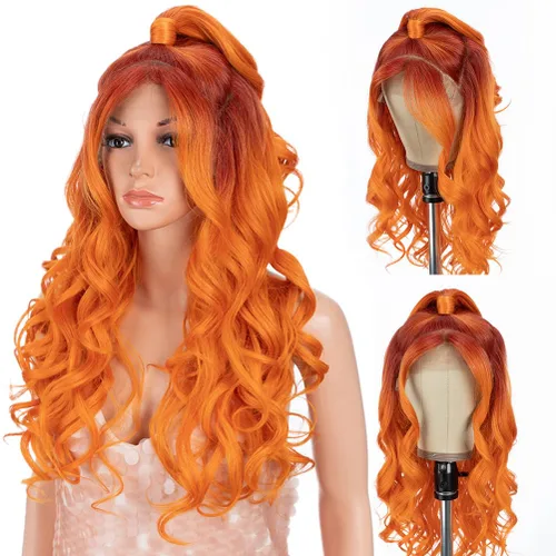 Miniatura 11 de Style Icon - Peluca de encaje frontal negra con parte libre, estilo U, de 24" de largo, ondulada con flequillo, sintética, resistente a altas 1