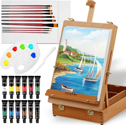 Falling in Art Juego de caja de caballete de madera de haya, juego de 27 piezas de pintura acrílica de mesa, soporte de caballete portátil con 12