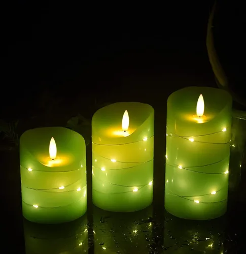 Miniatura 2 de DANIP - Vela LED verde sin llama con cuerda de estrella integrada, juego de 3 velas LED, con control remoto de 11 botones, función de temporizador