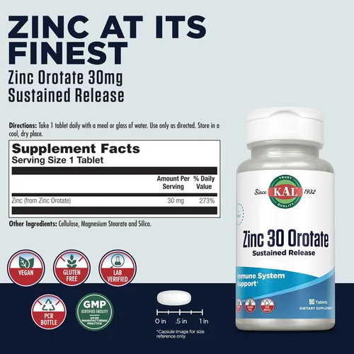 Miniatura 2 de KAL Orotato de zinc 30 mg, liberación sostenida, tabletas de zinc quelatado, suplemento de apoyo inmunológico, síntesis de proteínas, metabolismo