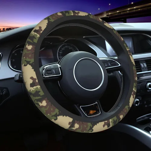 Miniatura 2 de Funda para volante de camuflaje verde para mujeres y hombres con 2 posavasos de automóvil, fundas universales de 14.5 a 15 pulgadas, accesorios