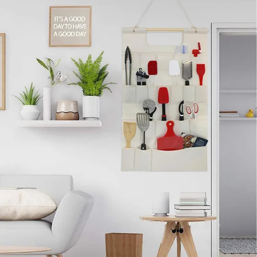 Miniatura 6 de Bolsa de almacenamiento para colgar en la pared con bolsillos, estantes para accesorios de cocina, estante de almacenamiento de herramientas de Gris