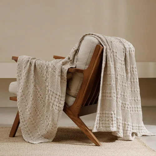 PHF - Manta tejida de punto gofre 100% algodón, suave, ligera, transpirable, acogedora, de verano, para sofá y cama, tejida, estética, decoración