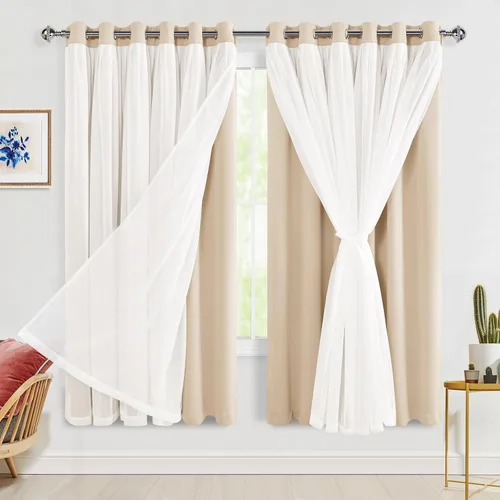 Miniatura 82 de Hiasan Cortinas opacas con superposición transparente, aislamiento térmico para mezclar y combinar de doble capa, cortinas de oscurecimiento de Beige