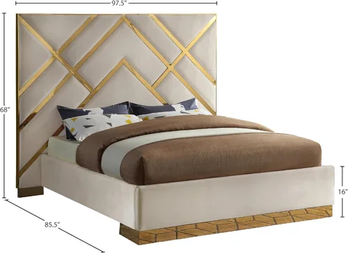 Miniatura 3 de Meridian Furniture VectorCream-K Vector Collection Modern Cama tapizada de terciopelo contemporánea, base de metal dorado personalizada y diseño