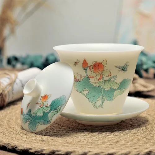 Miniatura 6 de Juego de porcelana blanca de jade hielo Gaiwan, delgado/sin esmaltar/translúcido/calcomanía China Gongfu Tea Cup Set -QinLian