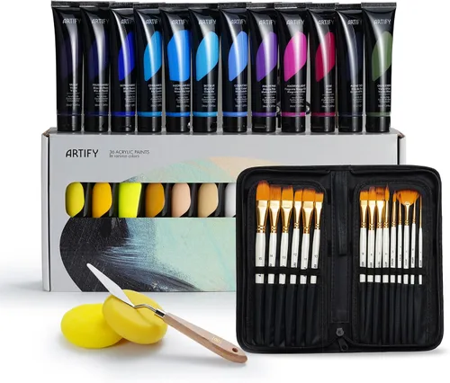 Miniatura 11 de ARTIFY - Juego de pintura acrílica de 24 colores, 24 colores con 15 pinceles sintéticos, incluye esponja, paleta y cuchillo para principiantes