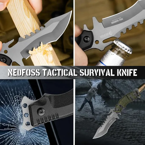 Miniatura 5 de NedFoss Cuchillo de supervivencia de hoja fija con funda, cuchillo de campamento de espiga completa de 9 pulgadas, mango ergonómico G10