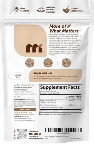 Miniatura 6 de Micro Ingredients Aceite de semilla negra de 3,000 mg, 120 cápsulas blandas Fórmula 2 en 1 con aceite de orégano, carvacrol y timoquinona A base