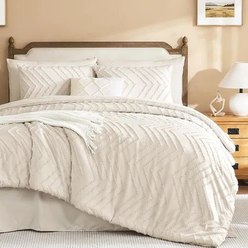 Miniatura 18 de Litanika Juego de ropa de cama con edredón tamaño King con sábanas beige - Juego de 7 piezas en una bolsa, diseño King Chevron copetudo bohemio