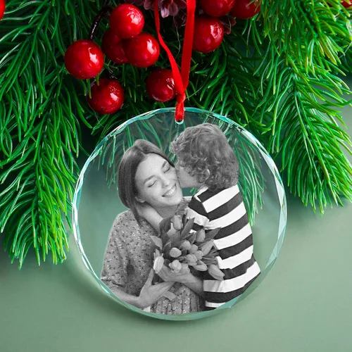 Adorno de cristal con foto grabada, caja de regalo incluida, adorno de Navidad con foto personalizada, adorno de foto interior de cristal, regalos