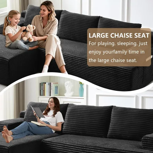 Miniatura 5 de Sofá seccional Cloud de 96 pulgadas, sofá deshuesado para sala de estar, sofá modular con asiento profundo, sofá de pana cómodo y esponjoso con Negro