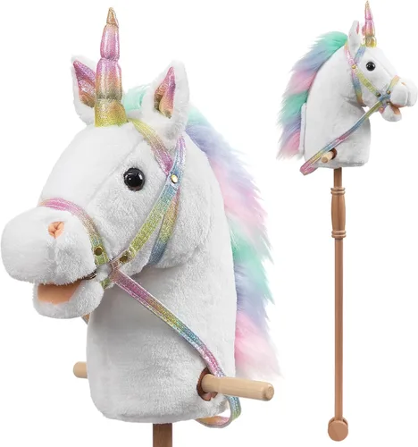 Miniatura 14 de HollyHOME Caballo de unicornio con lentejuelas, caballo de juguete artesanal con palo y ruedas de madera, sonidos reales de relincho y galope de Azul