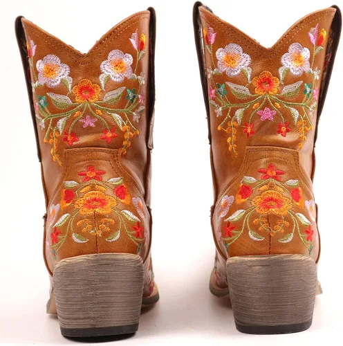Miniatura 5 de SO SIMPOK Botas vaqueras para mujer, botas occidentales con bordado de flores, tacón grueso retro, botines cortos para montar
