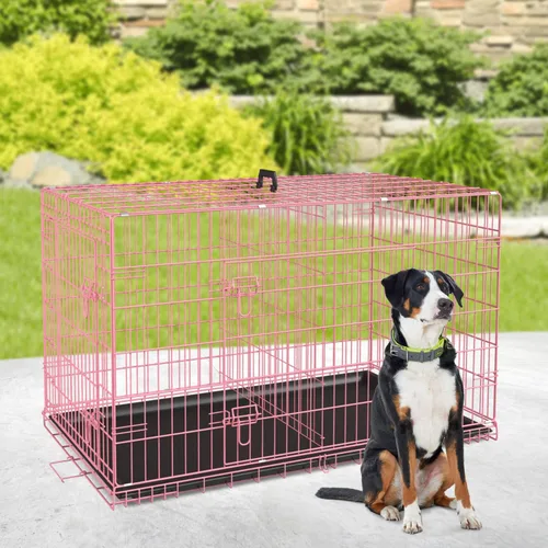 Miniatura 2 de BestPet Jaula para perros 36 pulgadas Rosa Perrera plegable de metal con puertas dobles, pestillos seguros de perno deslizante, bandeja a