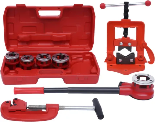 Kit de trinquete de enhebrador de tubos de mano con 5 matrices, juego de herramientas de roscado de tubería BSPT manual portátil, juego de troqueles
