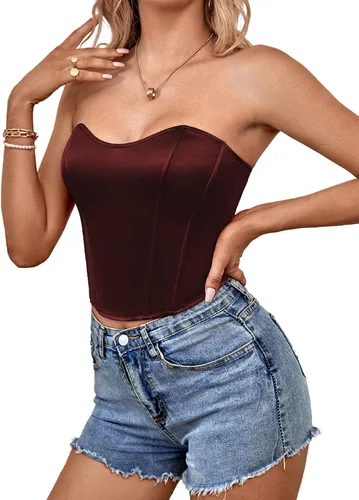 Miniatura 4 de LYANER Blusa sexy de satén con cuello de corazón para mujer, sin tirantes, corsé