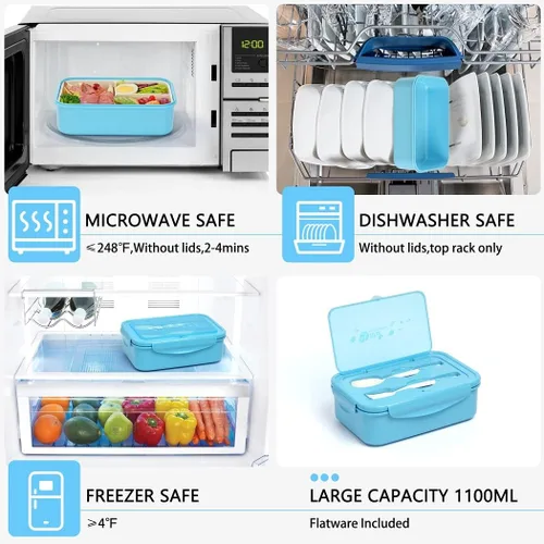 Miniatura 4 de LOVINA Cajas Bento para Adultos – Contenedor de almuerzo Bento de 1100 ML para niños con cuchara y tenedor – Tamaño perfecto duradero para comida