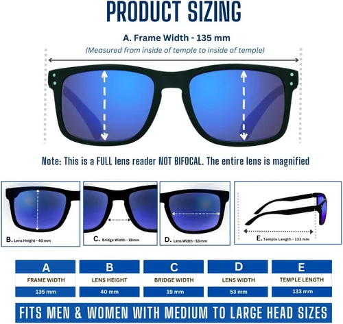 Miniatura 4 de proSPORT Lentes de sol de lectura para lectores con montura de cuerno con lentes de espejo azul para hombres y mujeres, no bifocales