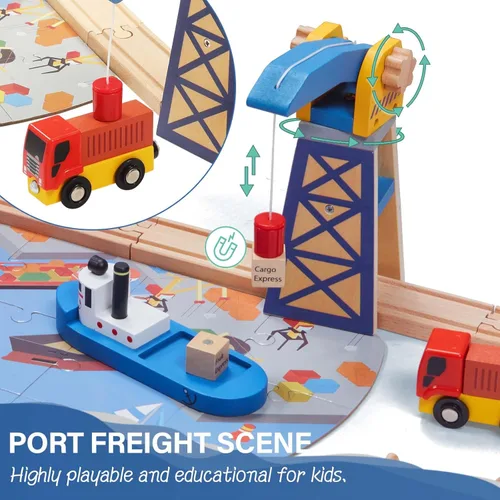 Miniatura 7 de Giant bean Juego de 117 piezas de tren Busy Port City para niños, juego de vías de tren de madera ampliables y cambiables, juguete grande de Navidad