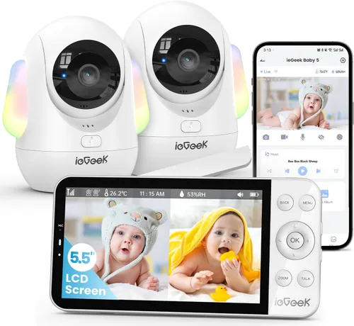 ieGeek Monitor de Bebé con Pantalla Dividida de 5.5'', Monitor de Bebé UHD 2.5K con 2 Cámaras y Audio, Luz Nocturna, Detección de Sueño Boca Abajo y