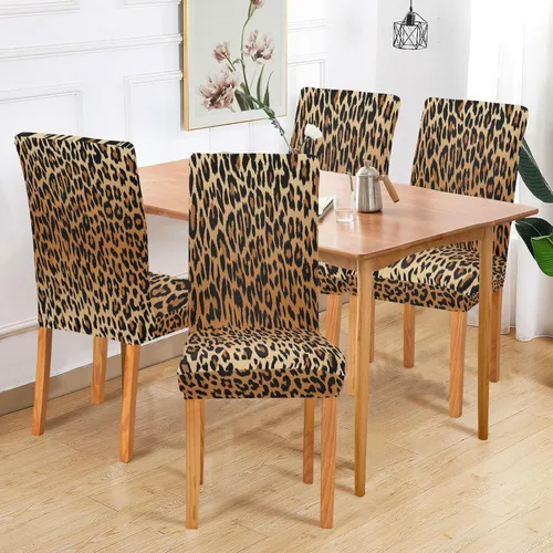 Miniatura 6 de Juego de 2 fundas elásticas para sillas de comedor con estampado de leopardo a la moda, fundas para sillas de cocina lavables, protector de asiento