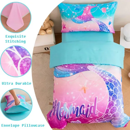 Miniatura 7 de ZRNBAST Juego de ropa de cama para niñas pequeñas de 4 piezas con cola de sirena, color rosa, turquesa, degradado, arco iris, colorido, ropa de cama