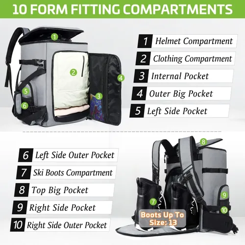 Miniatura 3 de Mochila para botas de esquí de 60 L, bolsa impermeable 900D para botas de snowboard, bolsa combinada de esquís y snowboard, bolsa de viaje