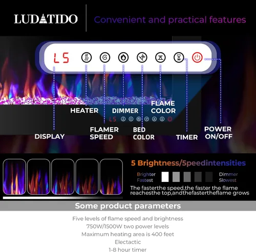 Miniatura 5 de Ludatido Chimenea eléctrica de 60 pulgadas montada en la pared/empotrada, inserto de chimenea eléctrica con 5100BTU para habitación de 410 pies Negro