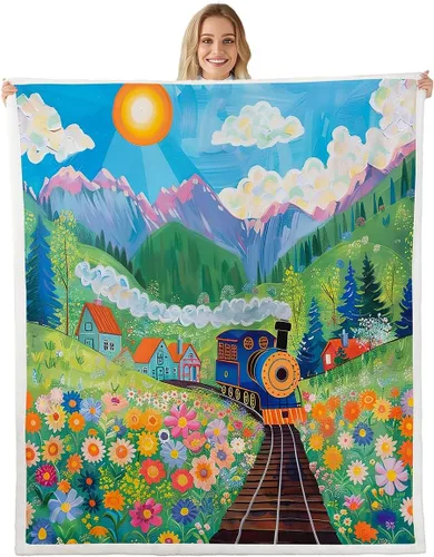 Watercolor Train Flowers Flannel Blanket,Cute Flowers Botanical Bedroom Living Room Soft Cozy Fleece,Cartoon Anime Style Blankets Decor for Bed