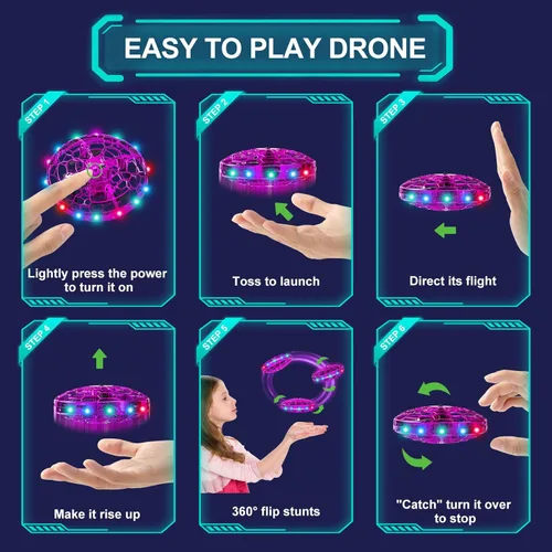 Miniatura 2 de Dron de juguete volador de operación manual para niños, mini dron con sensores de movimiento de manos libres de 360° y luces LED geniales, dron Rosa