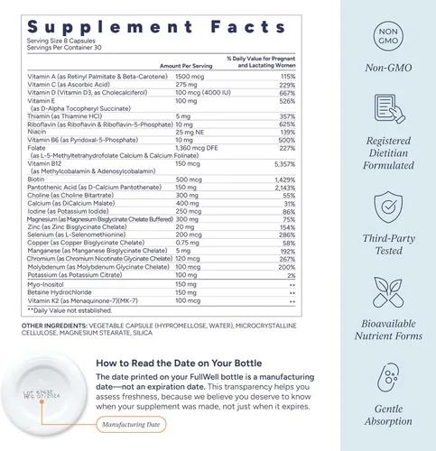Miniatura 4 de FullWell Vitaminas Prenatales Colina, ácido fólico, Vitamina D para el crecimiento fetal, desarrollo cerebral 26+ nutrientes vitales