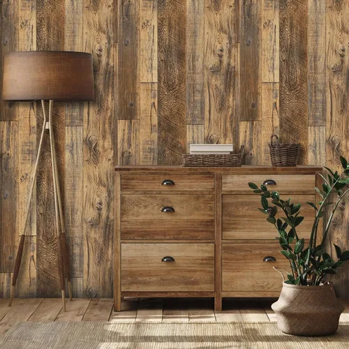 Miniatura 2 de Decoroom Papel tapiz de madera para despegar y pegar de 17.7 x 394 pulgadas, papel de pared de madera envejecido Marrón