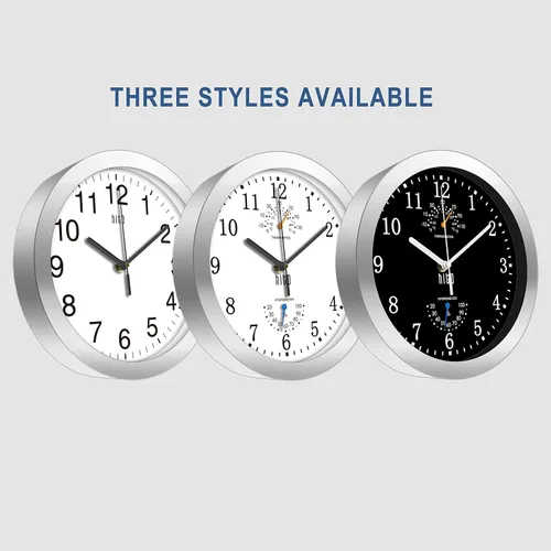 Miniatura 2 de HITO Reloj de pared silencioso de 10 pulgadas, funciona con pilas, sin tictac, con cubierta de vidrio, marco de aluminio plateado, para decoración