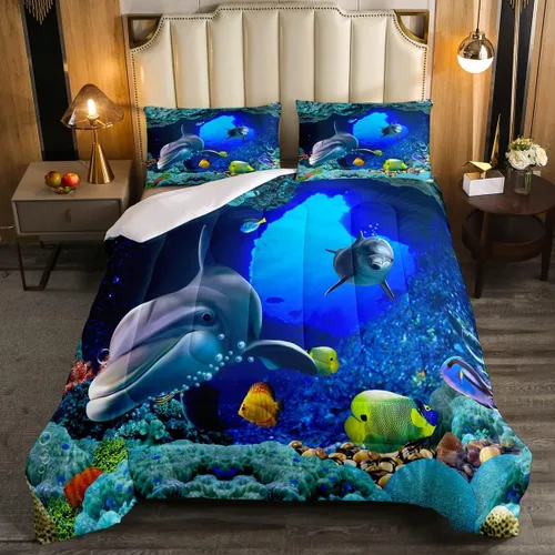 Miniatura 9 de Edredón de plumón de delfín para niños, juego de edredón del mundo submarino, juego de ropa de cama coral de peces dorados, tamaño individual