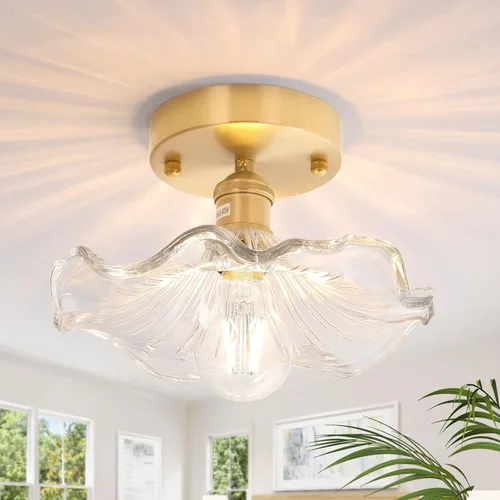 Miniatura 14 de Shenmoyl Luces de pasillo doradas de montaje semiempotrado con vidrio Scindapsus transparente, bombilla incluida, base de 4.72 pulgadas, lámpara