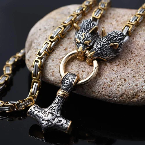 Miniatura 4 de Collar con colgante de cabeza de lobo Thor Mjolnir Viking Jewelry