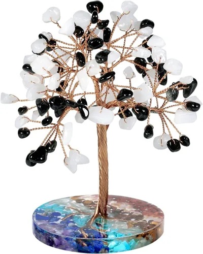 Nupuyai Árbol de cristal de cuarzo curativo natural hecho a mano con base de resina de piedras redondas de chakras, alambre de cobre, bonsái de