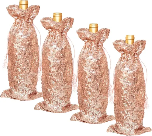 Miniatura 12 de SquarePie Bolsa de regalo de vino de lentejuelas negras, 4 piezas con cordones de 5.5 x 14 pulgadas, fundas de botellas con purpurina para Navidad