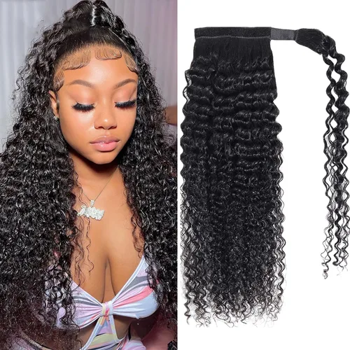 Miniatura 13 de Extensiones de cabello con ondas de agua para cola de caballo, trenzado humano, pegamento mágico Pony, extensiones de cabello humano brasileño