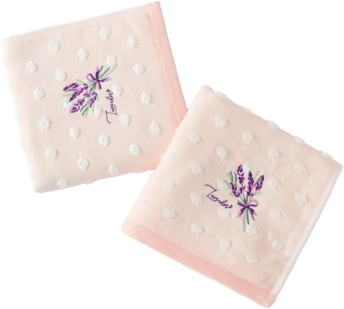 Miniatura 5 de YiLUOMO Juego de 2 toallas de mano rosa de lunares súper suaves 100% algodón de muselina y toalla de felpa altamente absorbente lavanda bordada