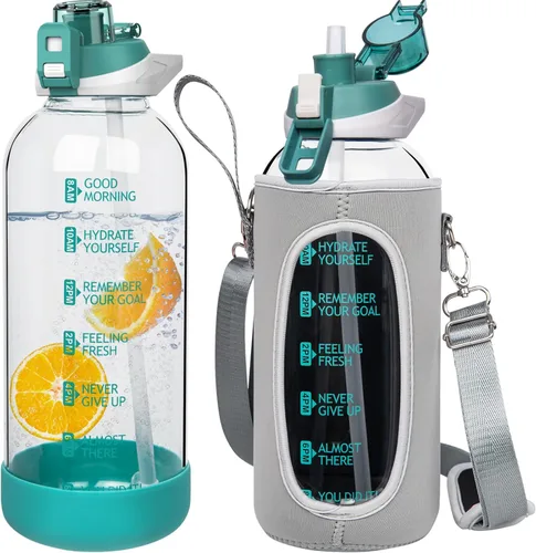 Miniatura 13 de Botella de agua deportiva de vidrio de 32 onzas con popote y marcador de tiempo, botella de vidrio motivacional reutilizable grande para agua Rosa