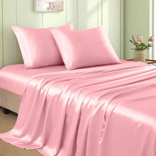 Miniatura 13 de VACVELT Juego de 3 sábanas de satén color beige tamaño individual, juego de ropa de cama, sábana bajera de satén sedoso con bolsillo profundo de 15