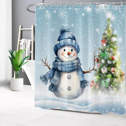 Miniatura 5 de EOBTAIN Cortina de ducha de muñeco de nieve azul de invierno para baño, árbol de Navidad y copo de nieve en la escena de la nieve, cortina de ducha