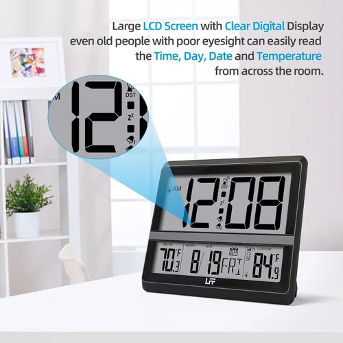 Miniatura 4 de LFF Reloj atómico de pantalla grande, reloj de pared digital con temperatura y fecha para interiores y exteriores, sensor inalámbrico para Negro