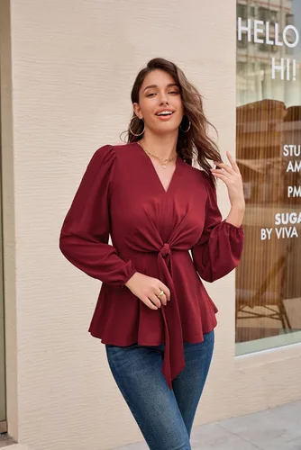 Miniatura 3 de GRACE KARIN 2024 - Blusa elegante de manga corta acampanada con cuello en V y lazo frontal para mujer
